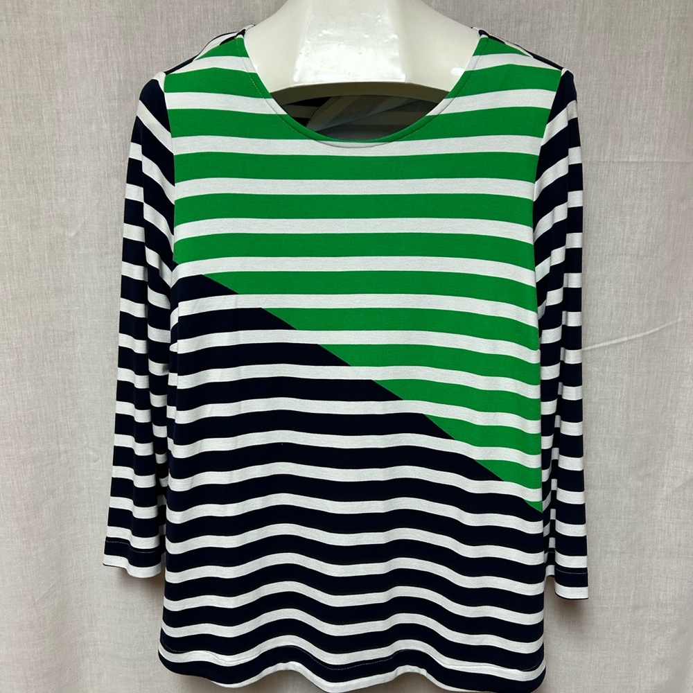 Crown & ivy Striped Green and Navy Blouse woman’s top cruise sailing festival